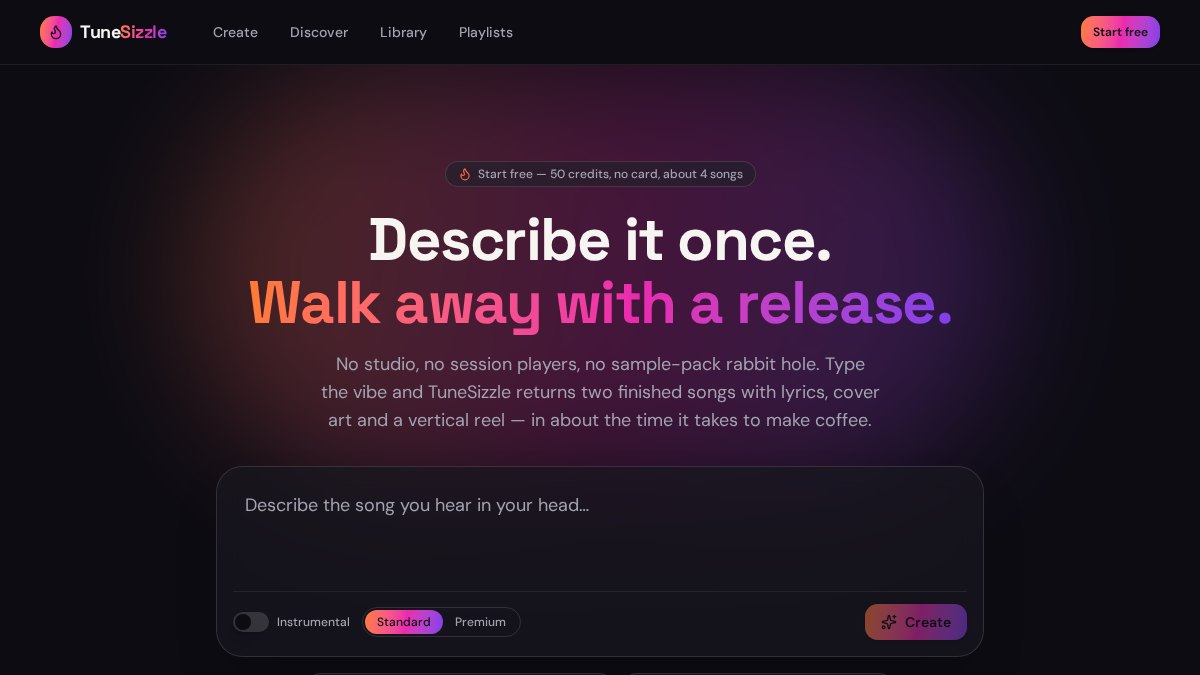 TuneSizzle website screenshot