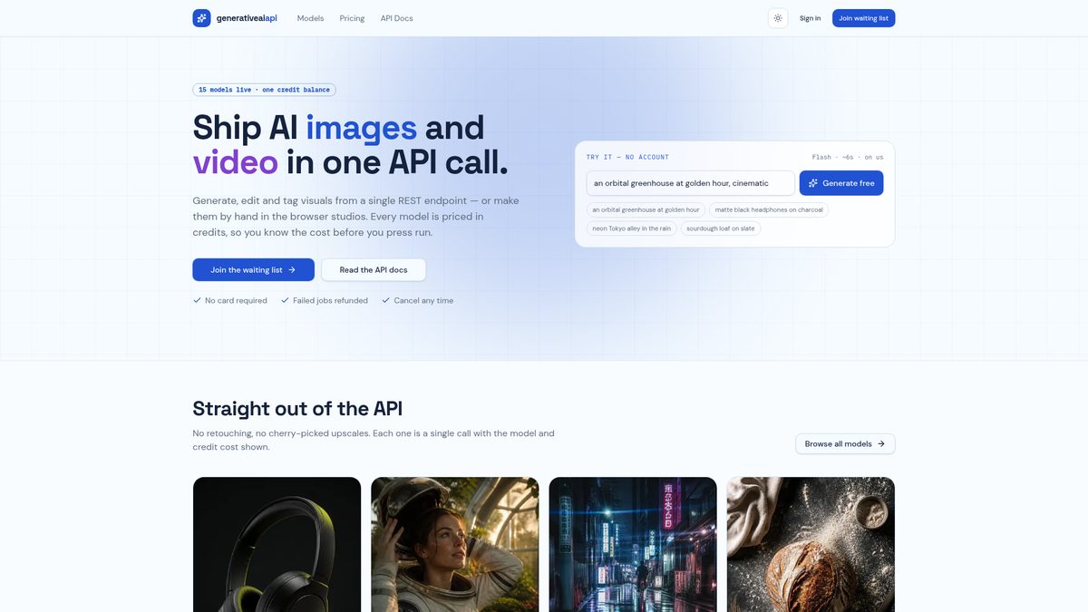 GenerativeAI API website screenshot
